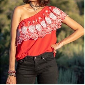 Maette Embroidered One Shoulder Top Red & White